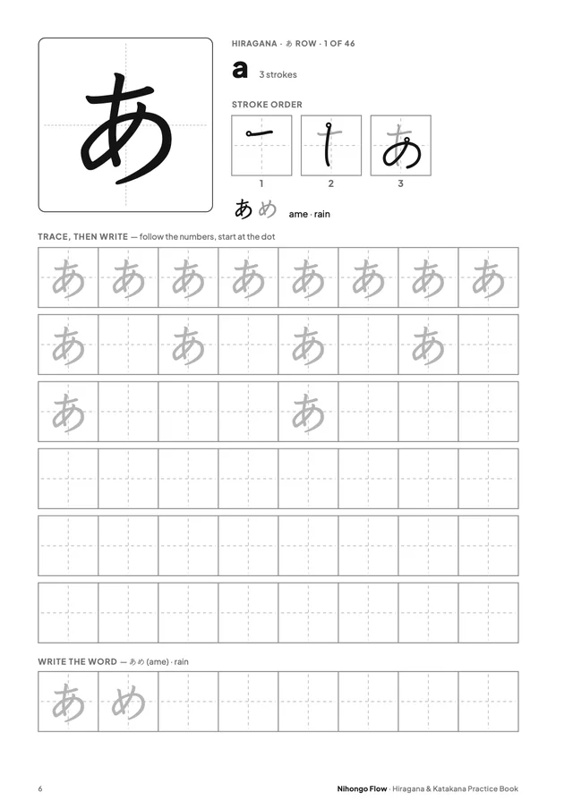 Sample page: hiragana あ (a)