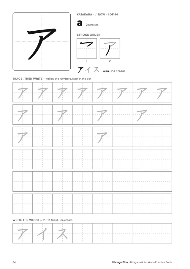Sample page: katakana ア (a)