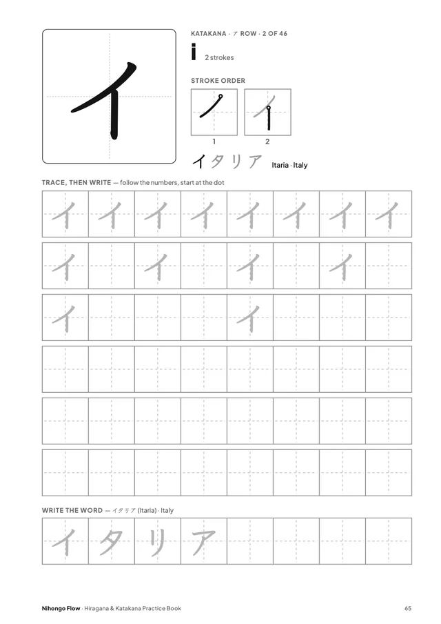 Sample page: katakana イ (i)